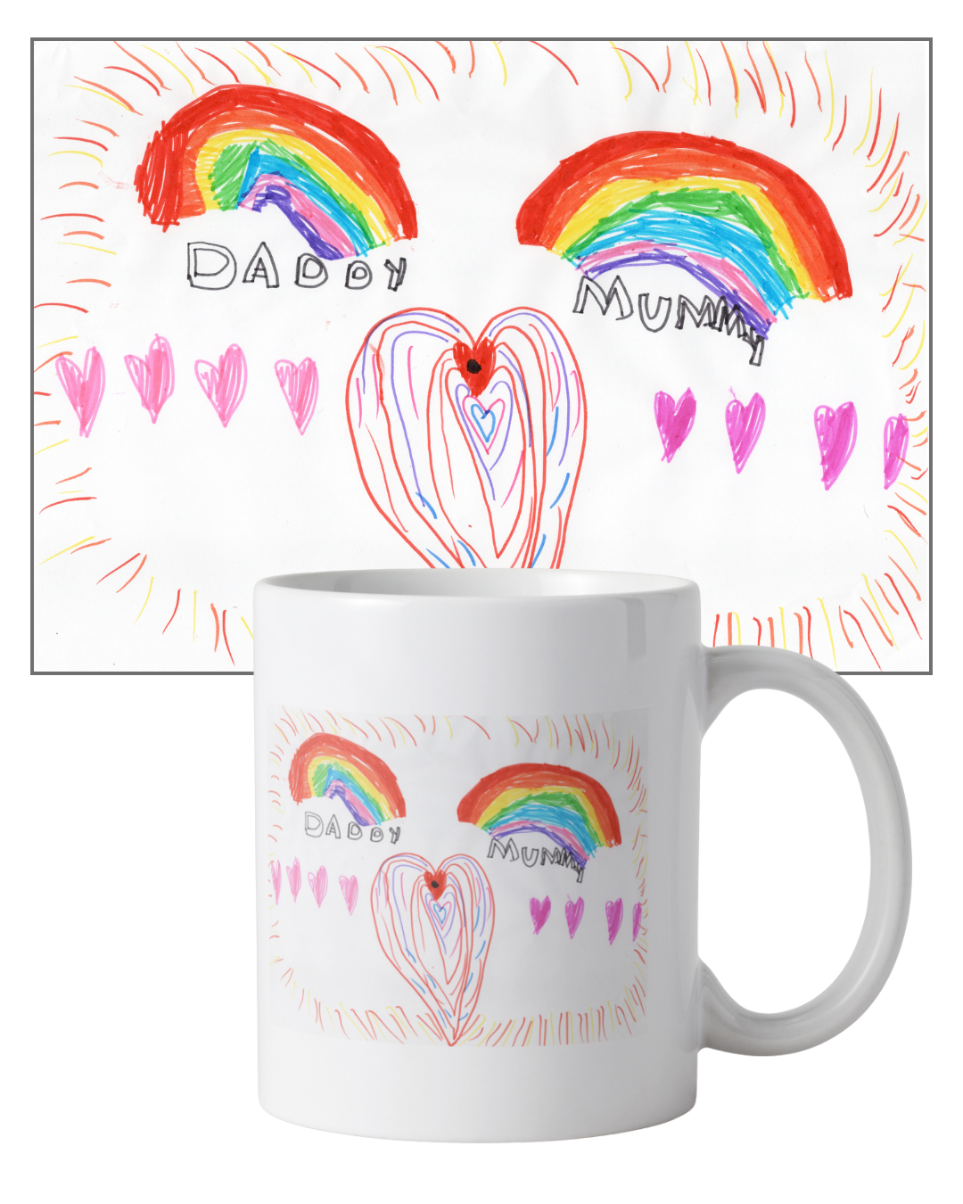 Children's drawing on a white mug featuring rainbows, pink hearts, and labeled 'Daddy' and 'Mummy' with colorful, childlike art.