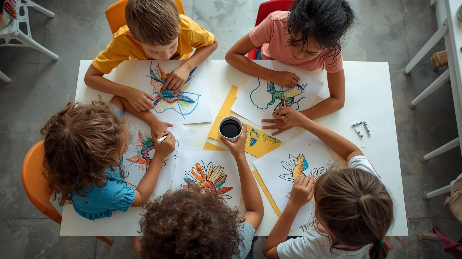 Children gathered around a table coloring pictures of birds with markers, with crayons and cups of coffee nearby.