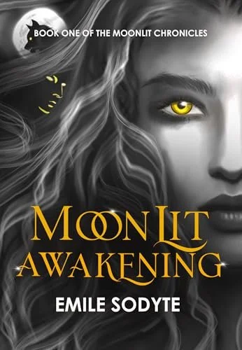The book cover for "Moonlit Awakening" by Emile Sodyte, featuring a grayscale portrait of a woman with one glowing yellow eye, flowing hair, and a small crescent moon graphic.