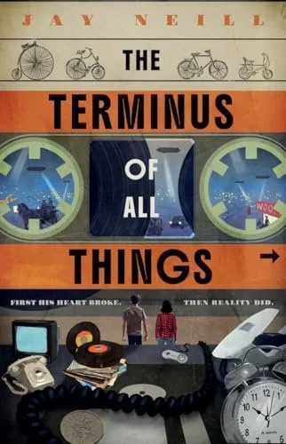 Book cover titled "The Terminus of All Things" by Jay Neill, featuring illustrations of bicycles, clocks, vintage electronics, and two people looking at a window.