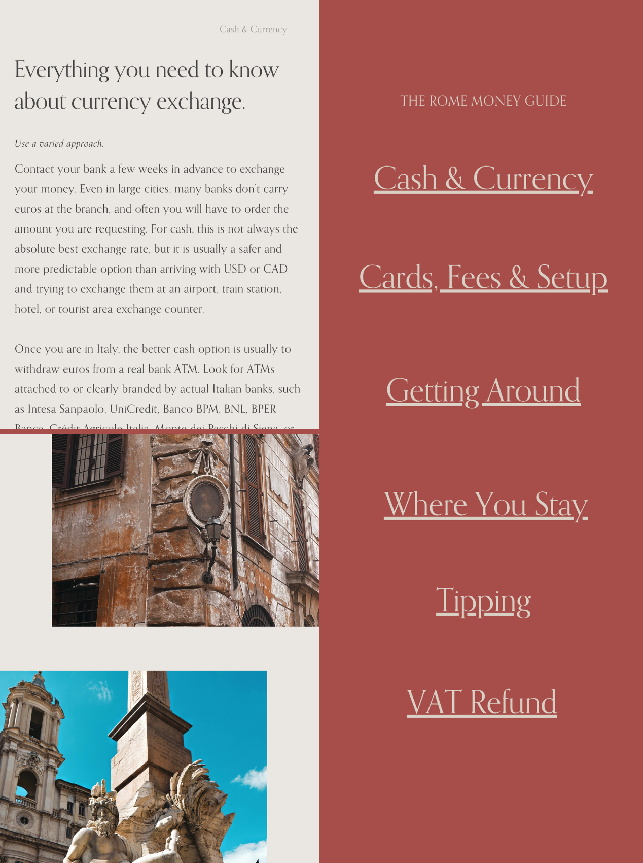 a digital travel guide to cash, cards, ATMs, tipping, VAT refunds, taxis, hotel charges, and paying for things in Rome.png