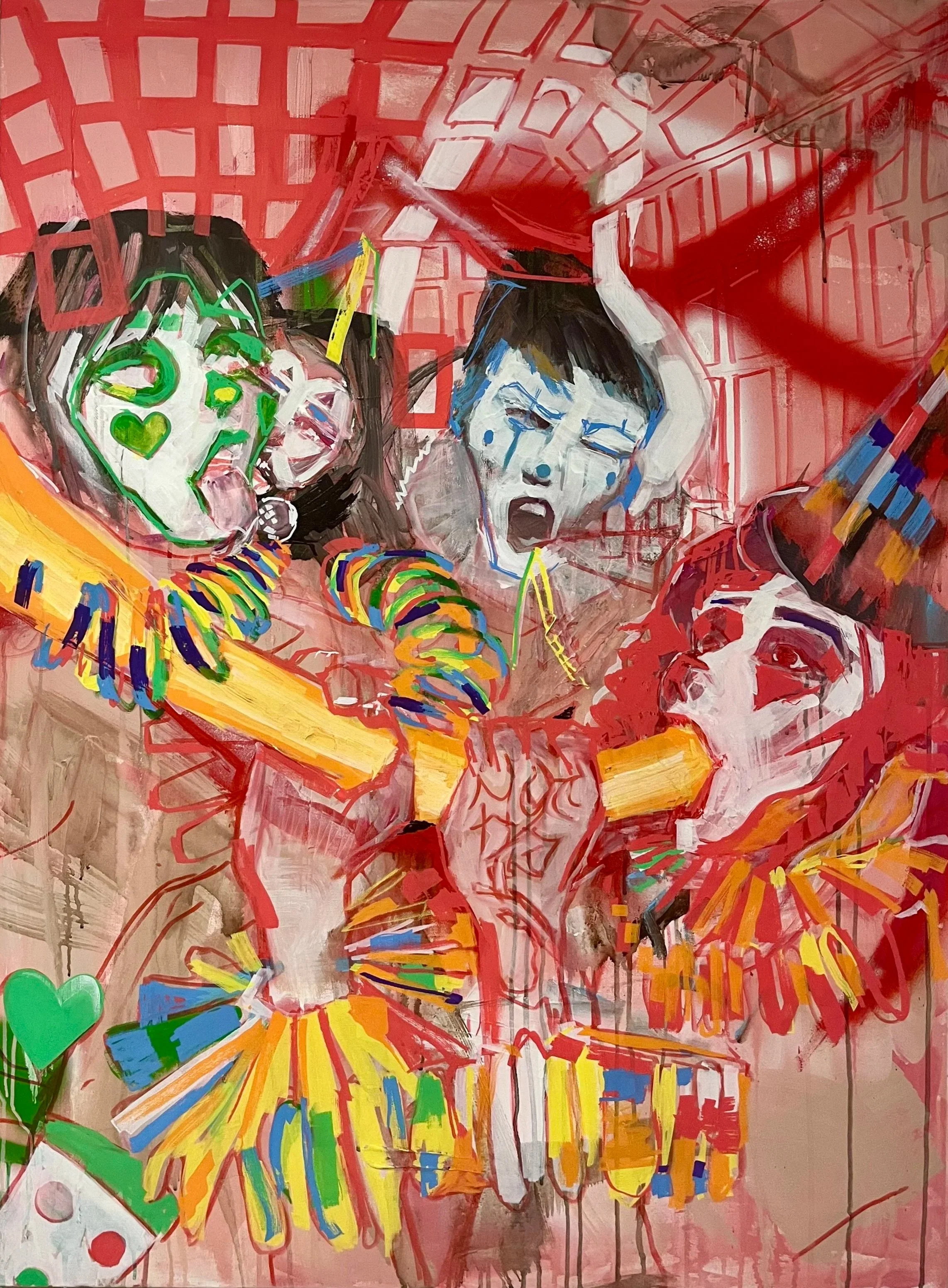 “Clown Orgy”, 90cm x 120cm, Mixed Media on Canvas. Available in shop