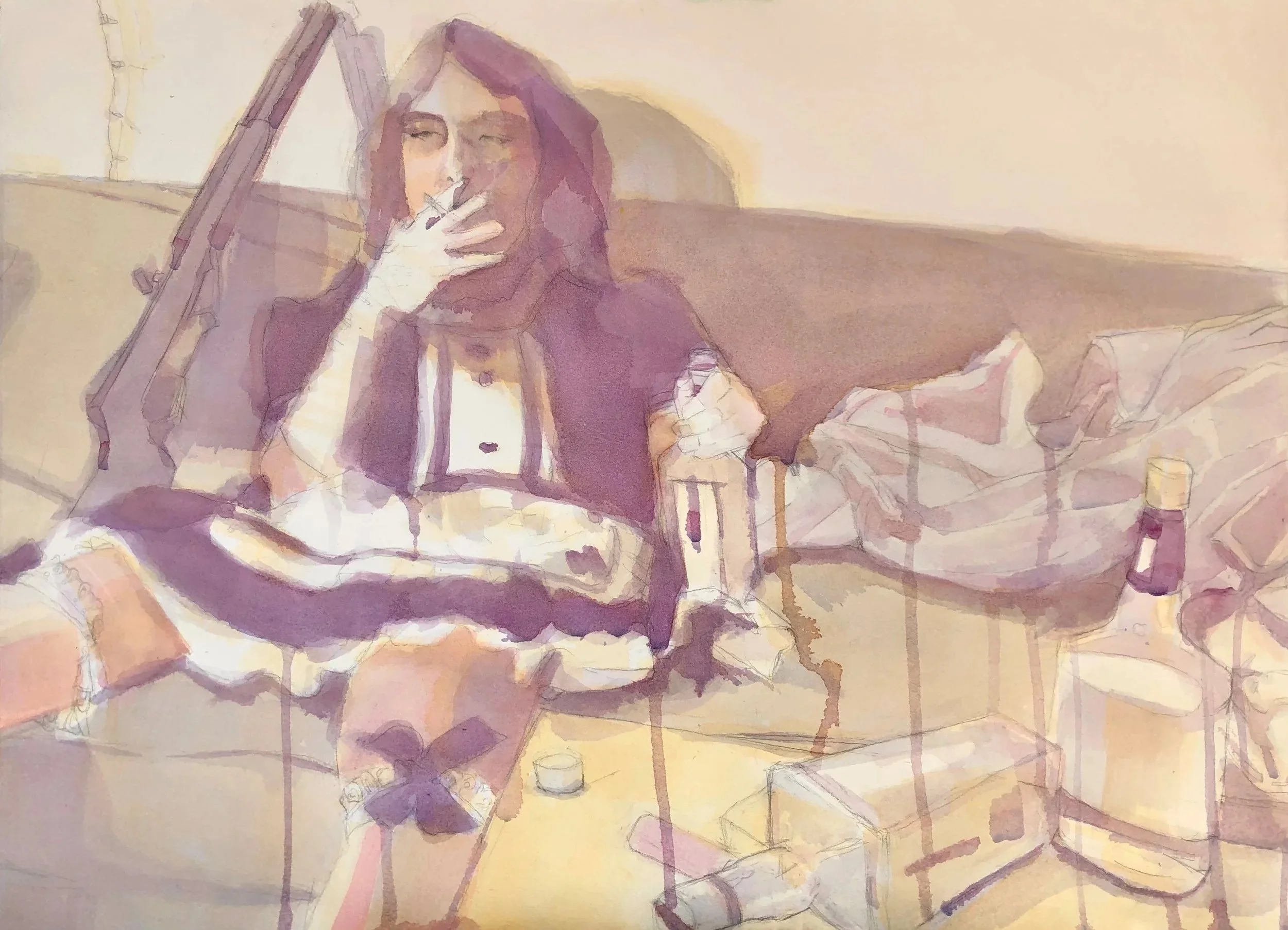 “We’re Tired”, 55cm x 75cm, Watercolor Mounted on Wood Panel. SOLD