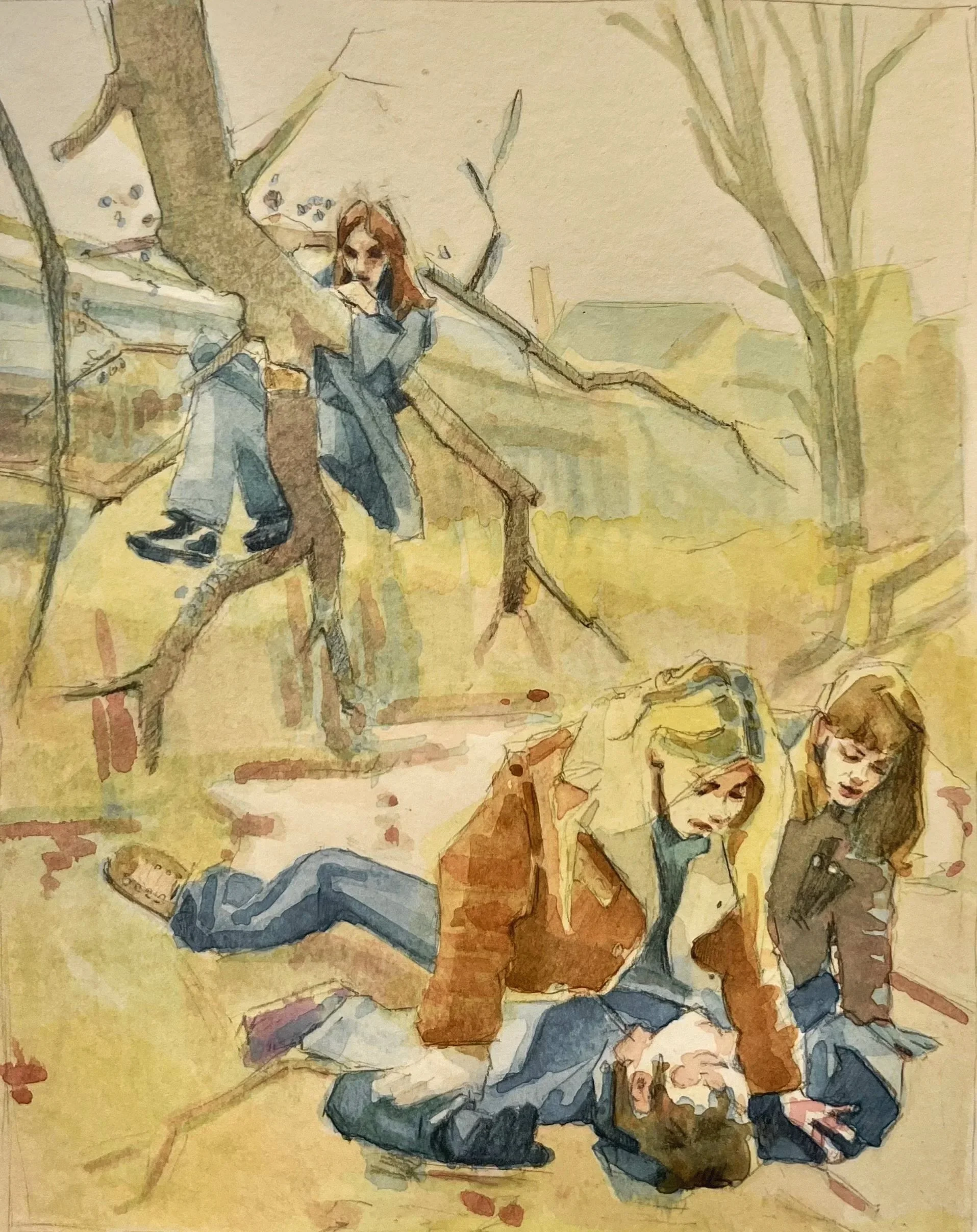 “Bullies”, 18cm x 25cm, Watercolor on Paper. Contact for Availability