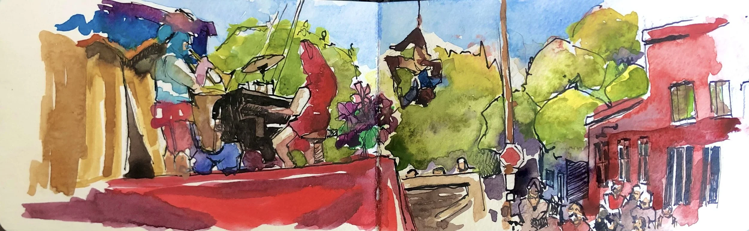 “Circus on the Fourth of July”, 9cm x 27cm, Watercolor and Ink on Paper.  Not Available