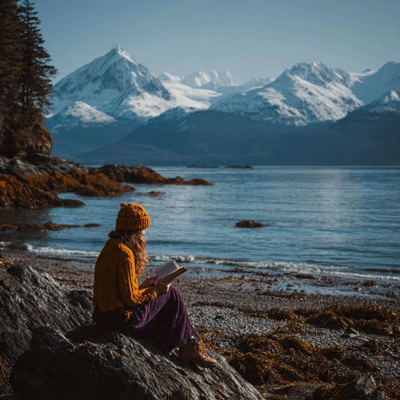 A person wearing a yellow knitted hat and sweater sitting on rocks by the water, reading a book with snow-capped mountains in the background.