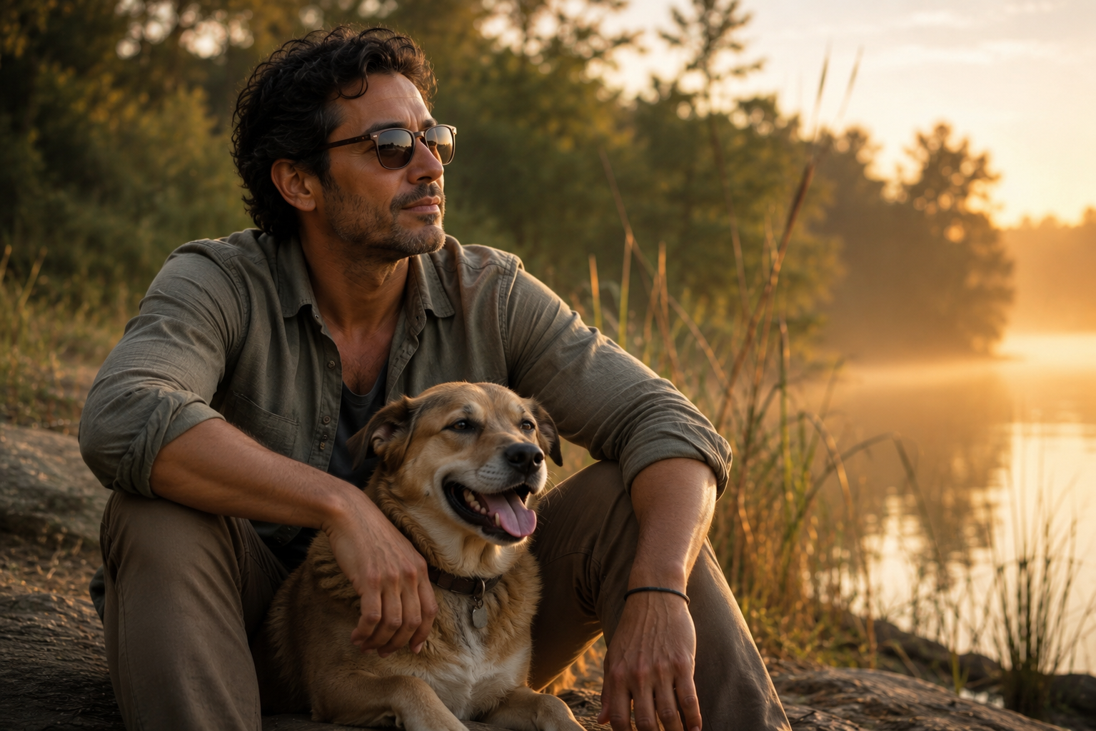 Man relaxing with his dog beside a peaceful lake, reflecting emotional well-being, groundedness, companionship, connection, and a greater sense of inner peace that one can find from doing trauma-informed EMDR therapy with Lara Eddleman in Roswell, GA