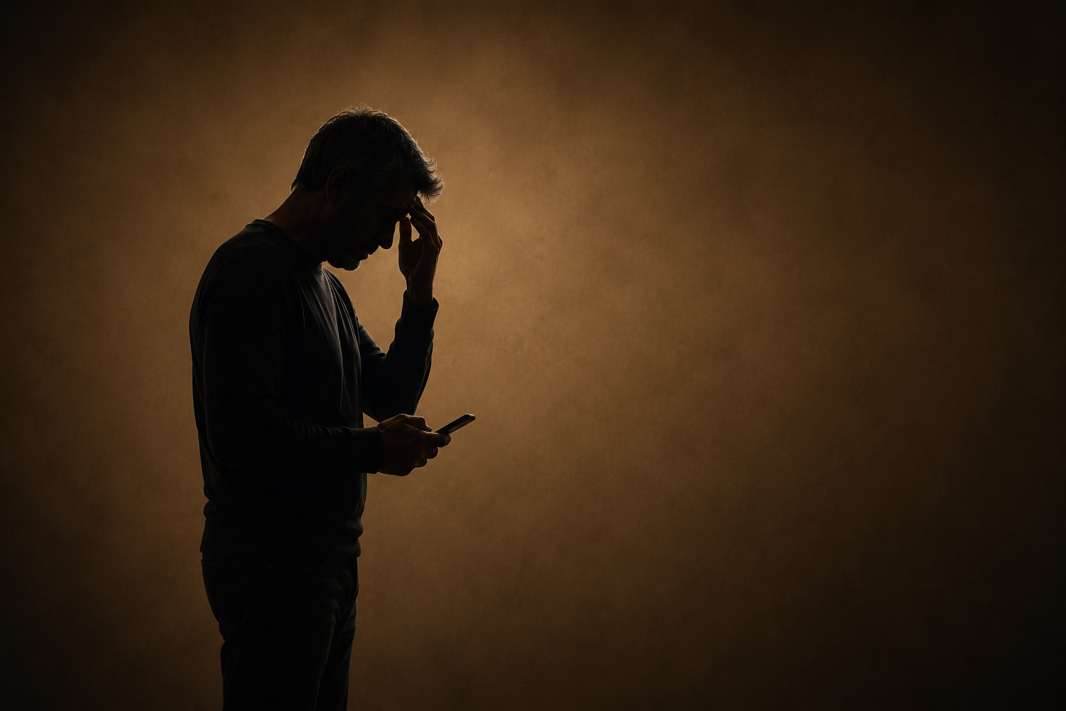 Man in forties heavily silhouetted with gold shadowed backdrop holding his phone anxiously, suggesting the difficulty some feel reaching out to a professional for help. Therapy is non-intimidating at WISE Counseling Collective with Lara Eddleman, LPC