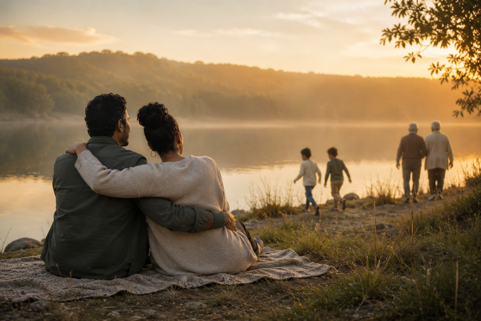 Multigenerational family sharing peaceful moments together by a lake, reflecting connection, balance, emotional wellbeing, and secure relationships that can result from trauma therapy and relationship counseling by WISE Counseling Collective.