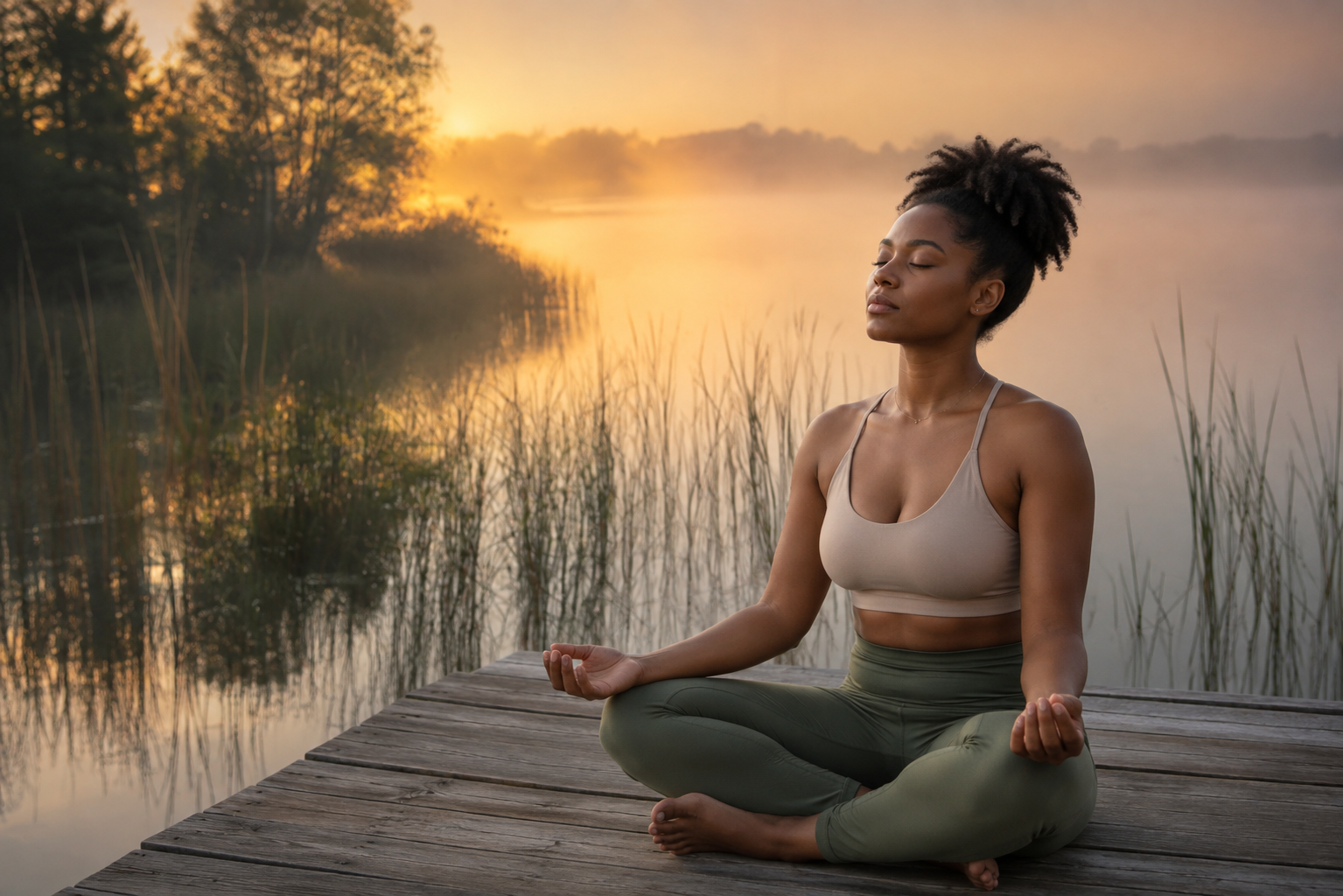A BIPOC woman practicing mindfulness and meditation by a peaceful lake, reflecting nervous system regulation, emotional wellbeing, grounding, and peace of a mind-body connection that can result from trauma-informed somatic therapy with Lara Eddleman.