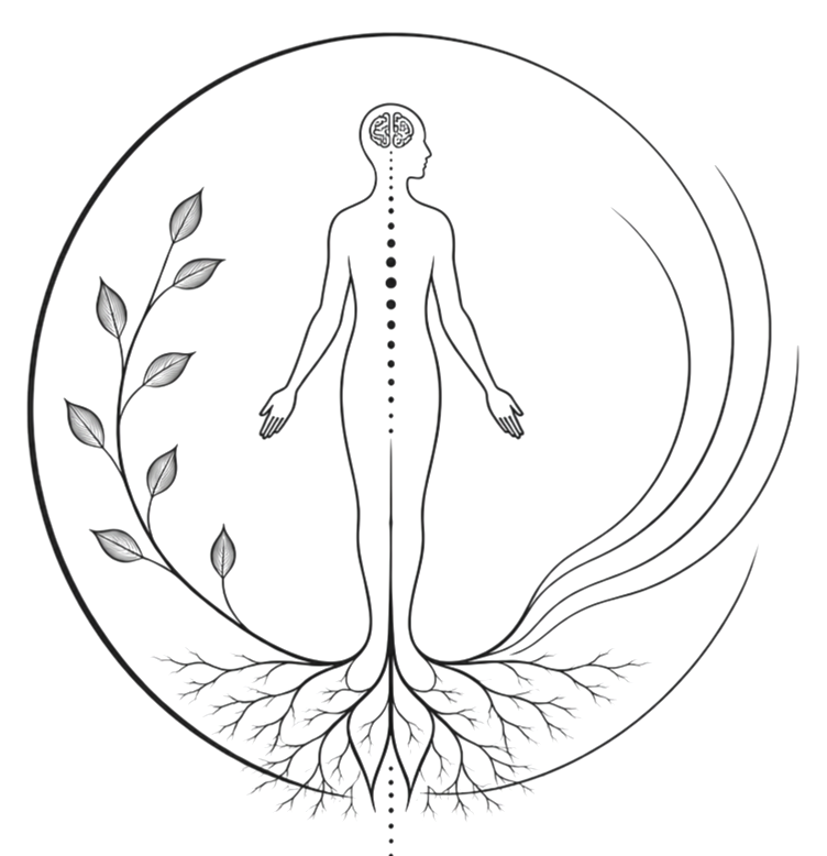 WISE Counseling Collective logo featuring a human figure, tree, and roots symbolizing wisdom, healing, growth, integration, connection, and embodied growth.