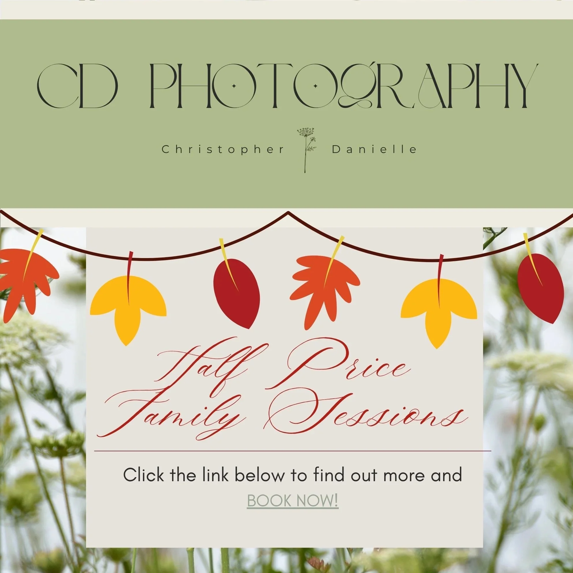 Fall family photo session flyer promoting specials of family photography packages and photoshoots.