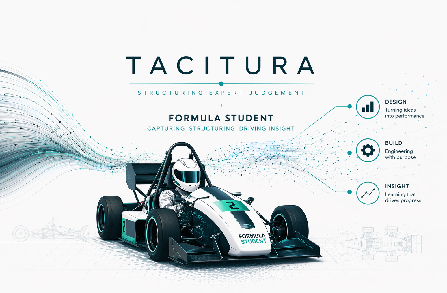 An infographic featuring a Formula Student race car with digital design elements. Includes sections titled Design, Build, and Insight with descriptions about turning ideas into performance, engineering with purpose, and driving learning forward.