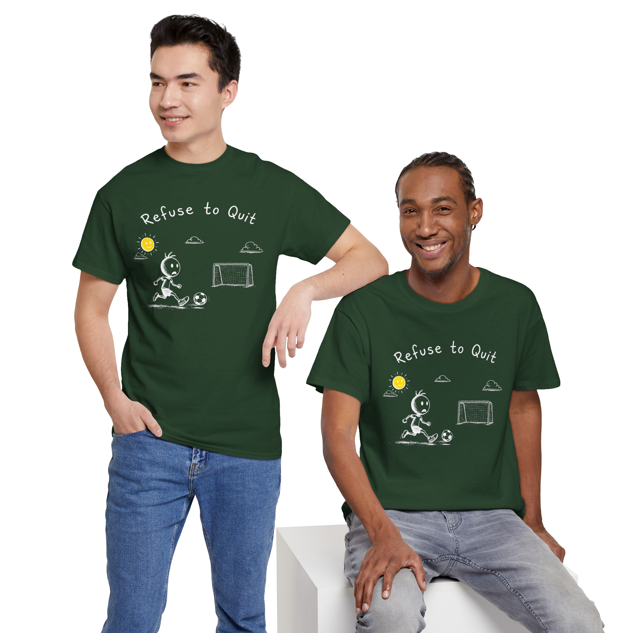 Dont Suck at Soccer - stick figure playing soccer with yellow sun and clouds - forest green tees - Dave Sally Stuff