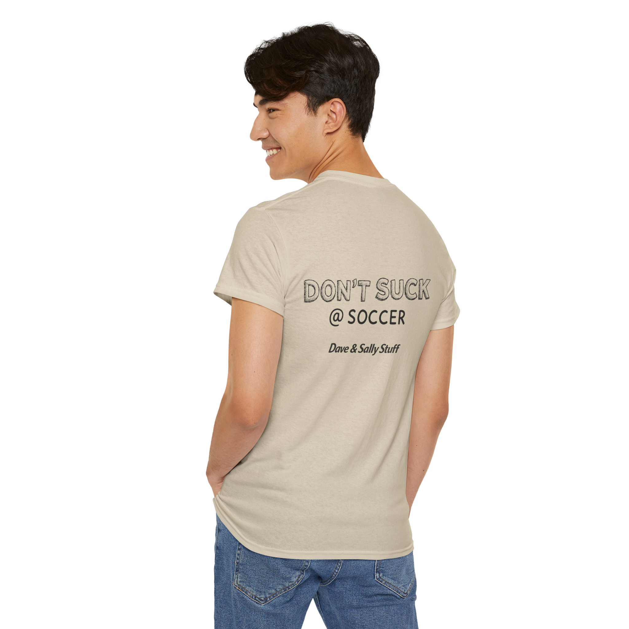 Dont Suck at Soccer - stick figure playing soccer with yellow sun and clouds - sand tee - Dave Sally Stuff