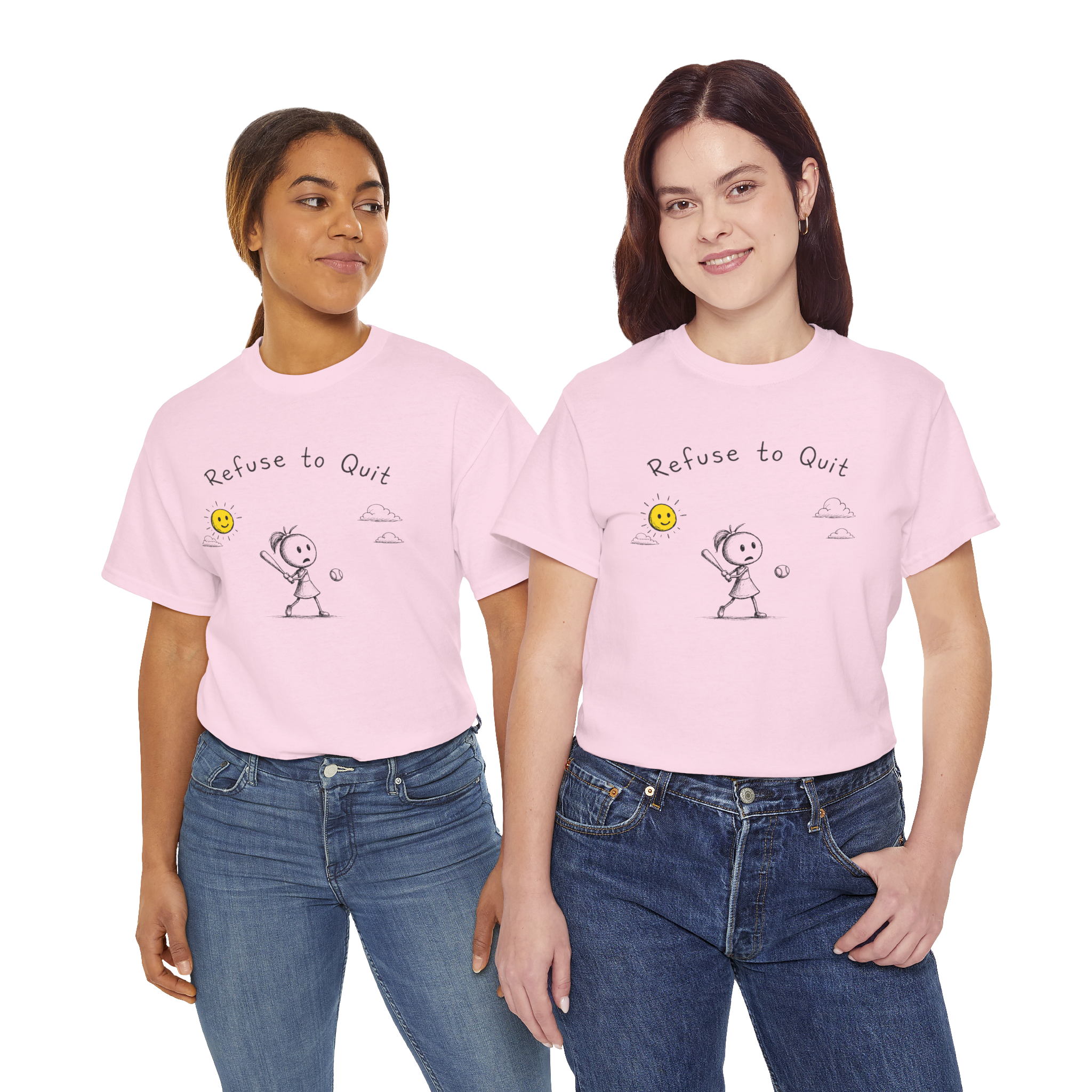Dont Suck at Softball - stick figure playing softball with yellow sun and clouds - pink tees - Dave Sally Stuff