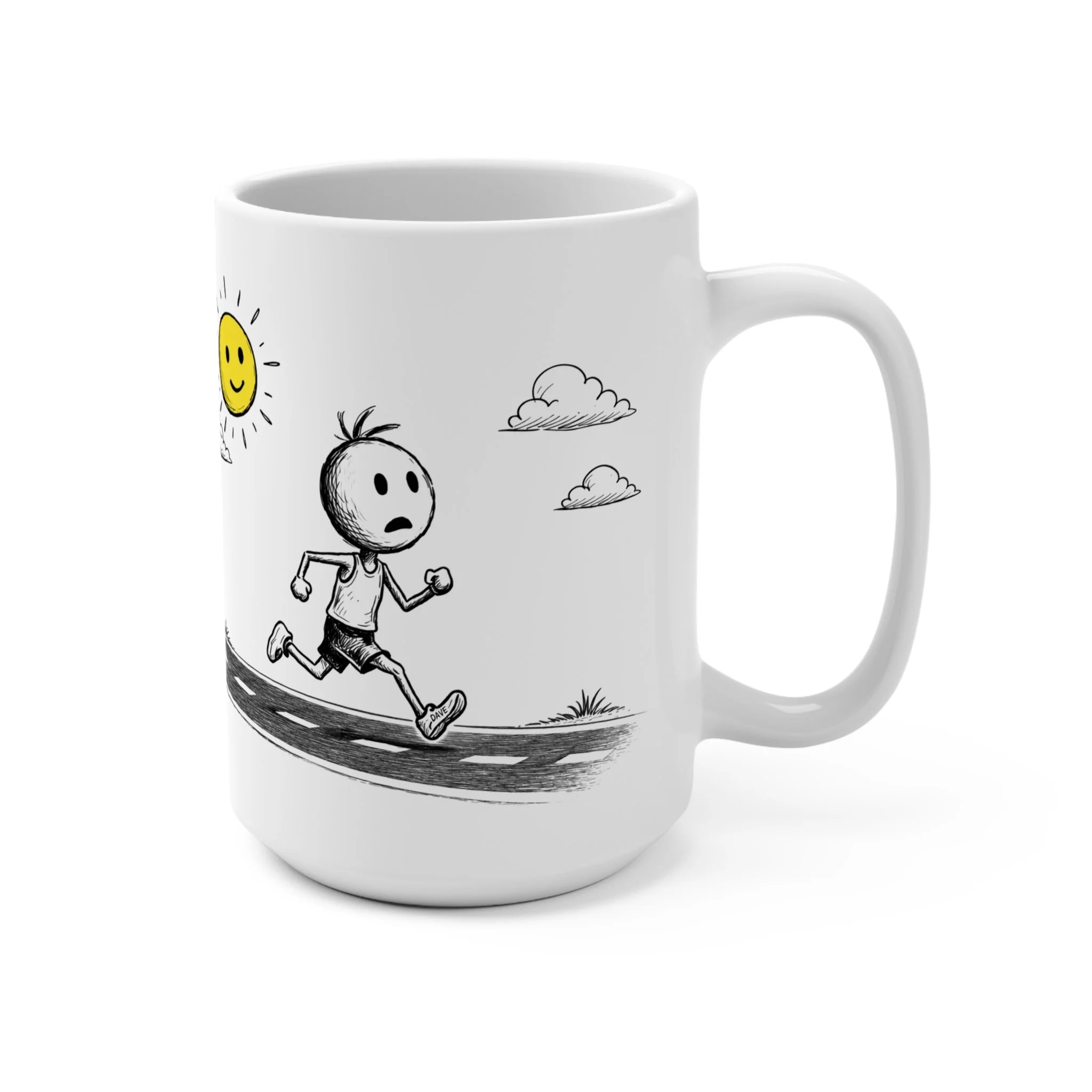 Dont Suck at Running mug - stick figure running with yellow sun and clouds - Dave Sally Stuff
