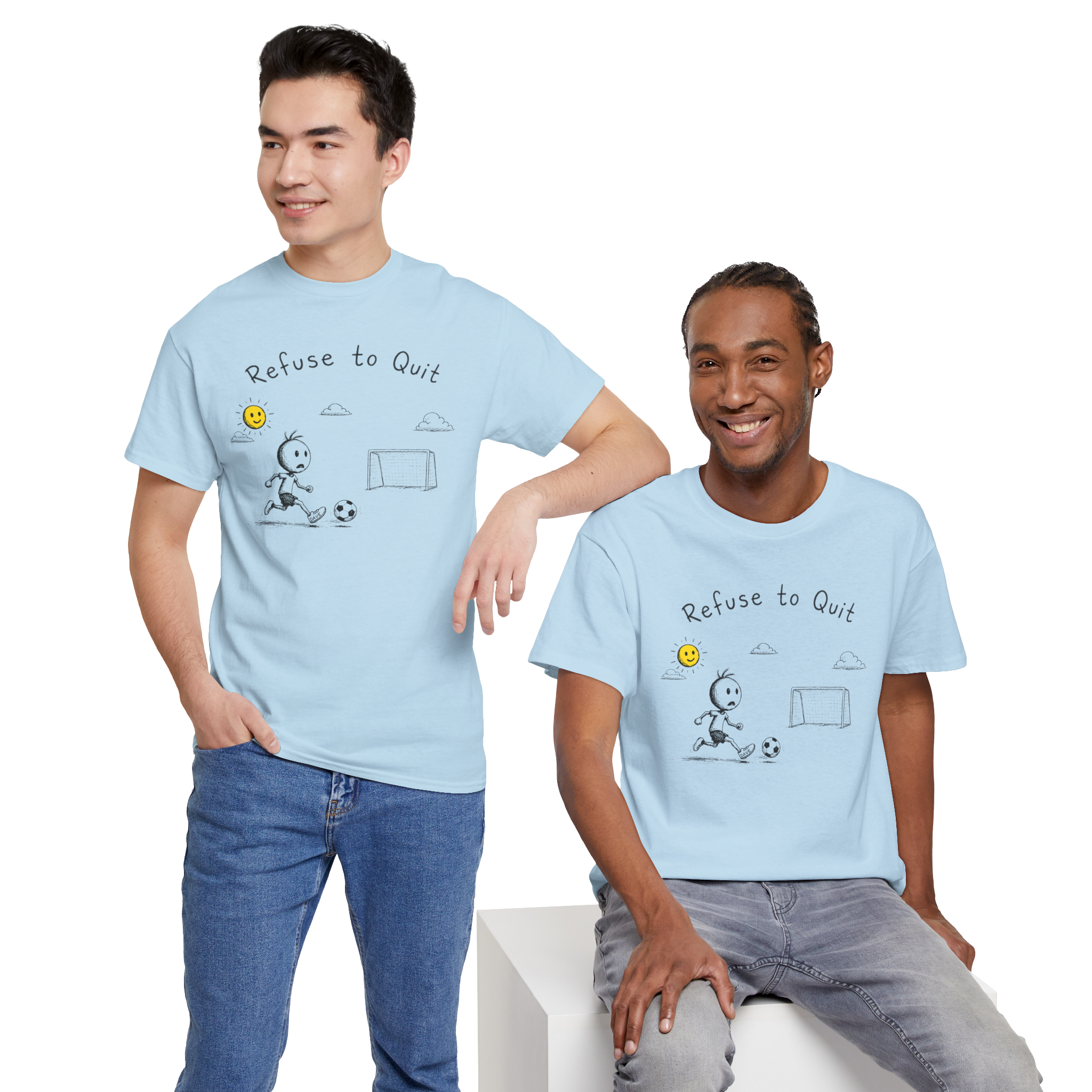 HennWae - Dont Suck at Soccer - stick figure playing soccer with yellow sun and clouds - light blue tees - Dave Sally Stuff