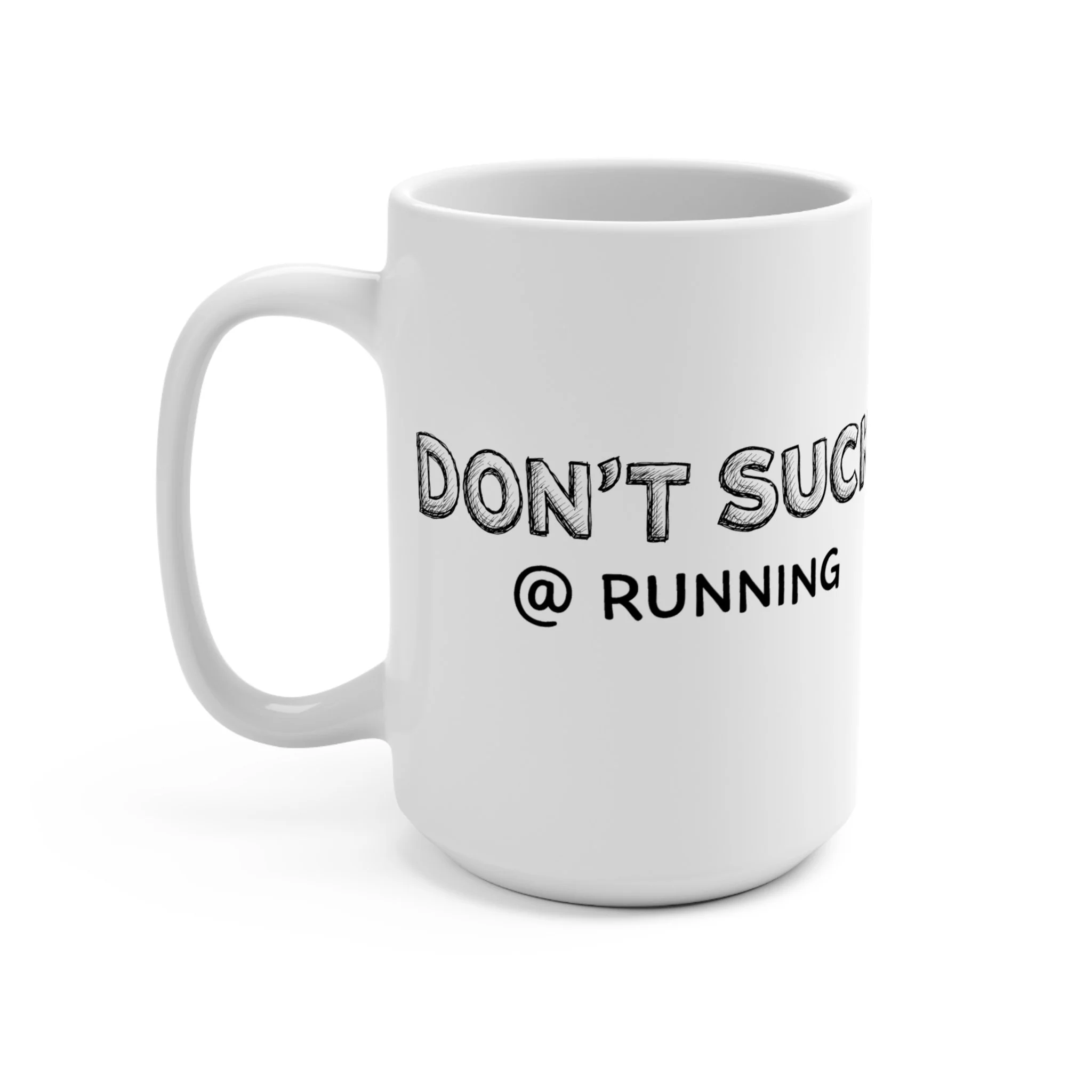 Dont Suck at Running - mug - stick figure running with yellow sun and clouds - Dave Sally Stuff