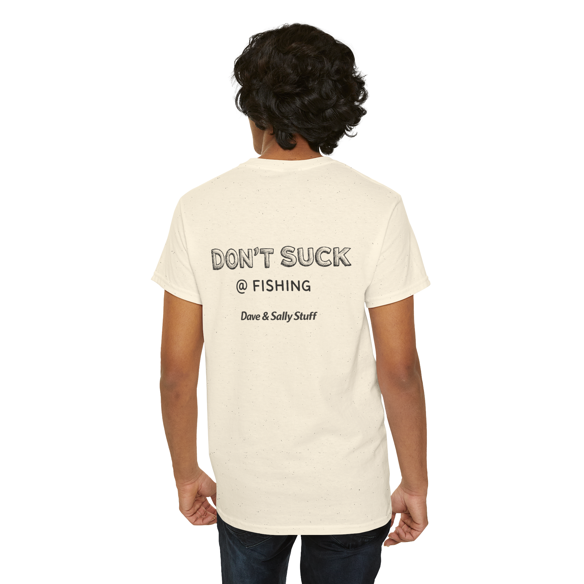 HennWae - Dont Suck at Fishing - stick figure fishing with yellow sun and clouds - natural tee - Dave Sally Stuff