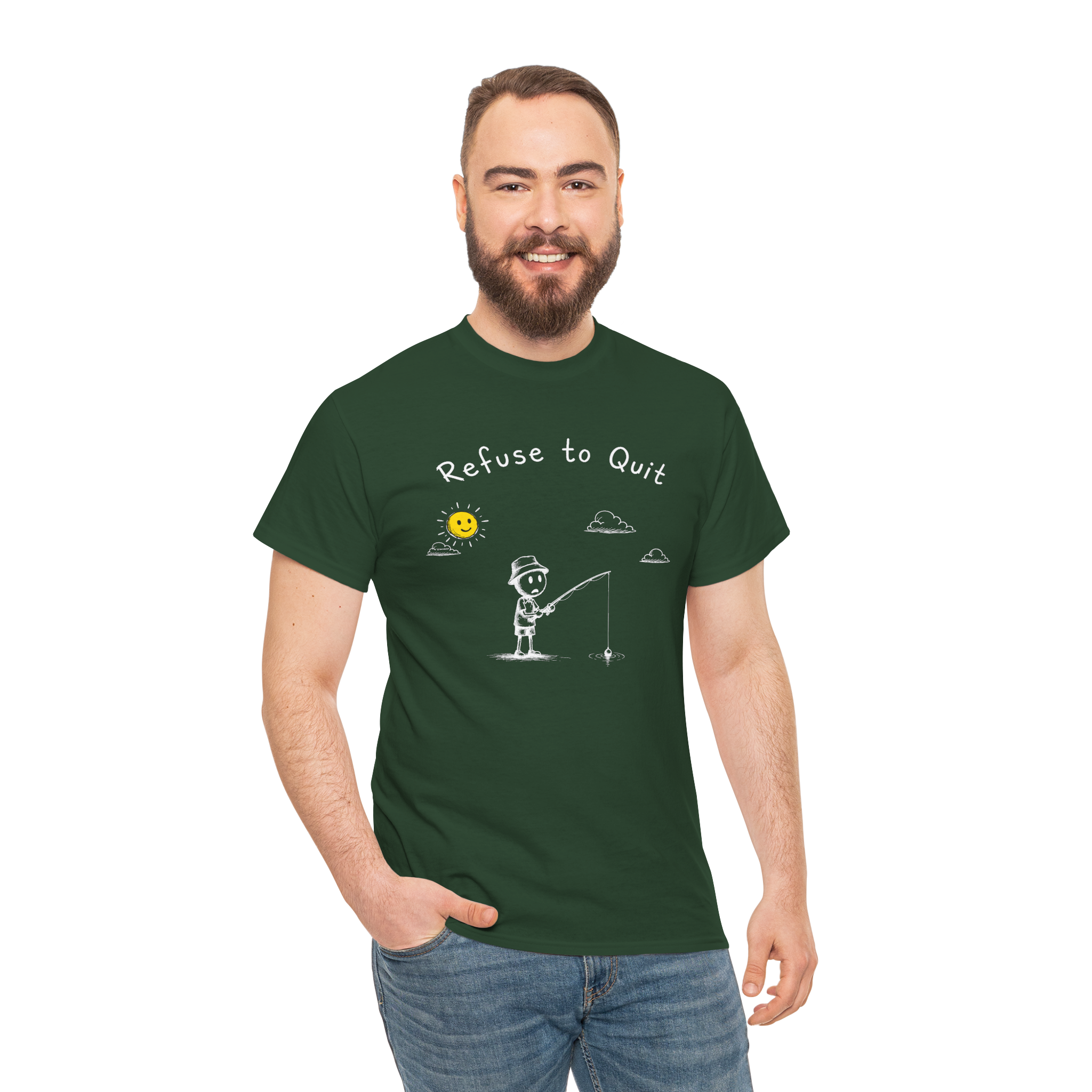 HennWae - Dont Suck at Fishing - stick figure fishing with yellow sun and clouds - natural tee - Dave Sally Stuff