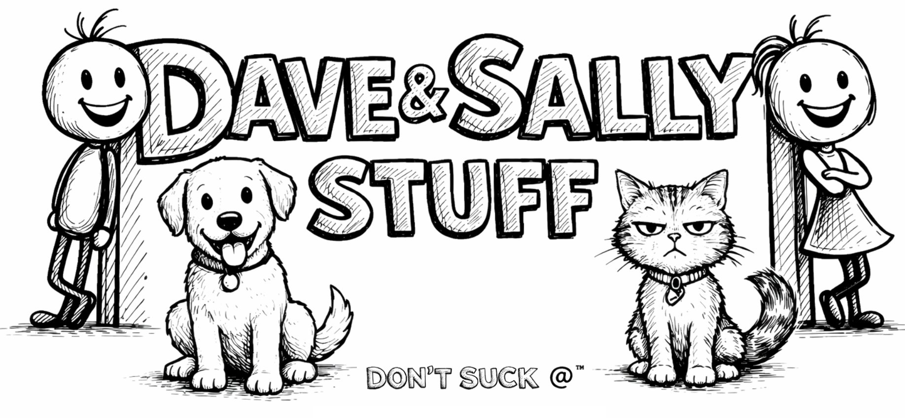 Dave and Sally Stuff logo with Dave, Sally, Atom the dog, and Mot the cat stick figure characters