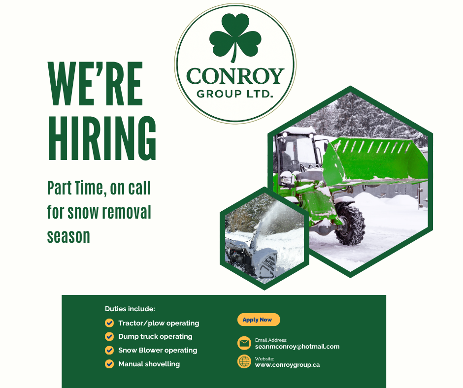 A recruitment advertisement from Conroy Group Ltd. indicating they are hiring part-time snow removal workers. Features images of snow removal equipment including a snow plow and a snow blower, with details about duties, contact information, and a website.