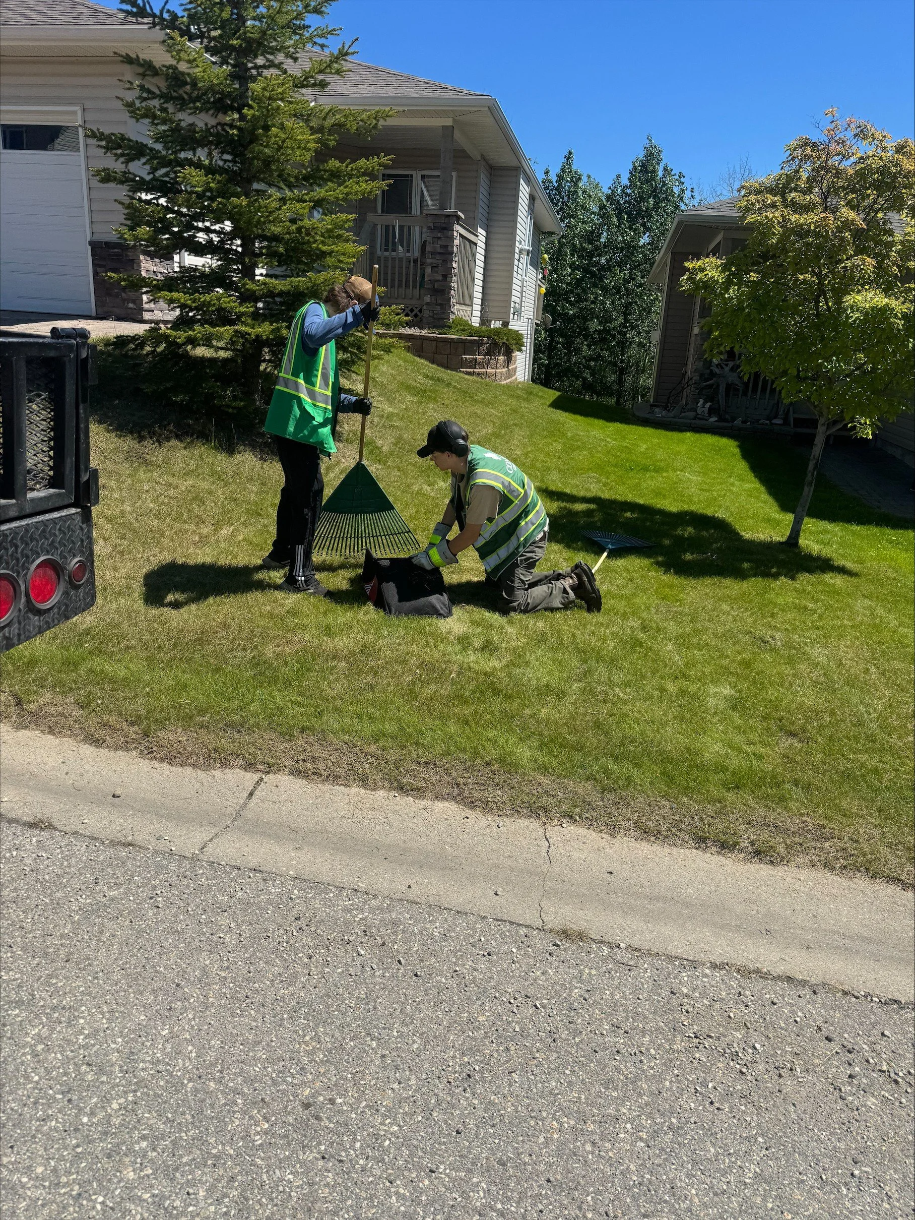 Two workers wearing safety vests and gloves planting a tree in a grassy yard next to a house. One worker kneels while the other stands, holding tools and a bag. The house has a porch, and the sky is clear and blue.