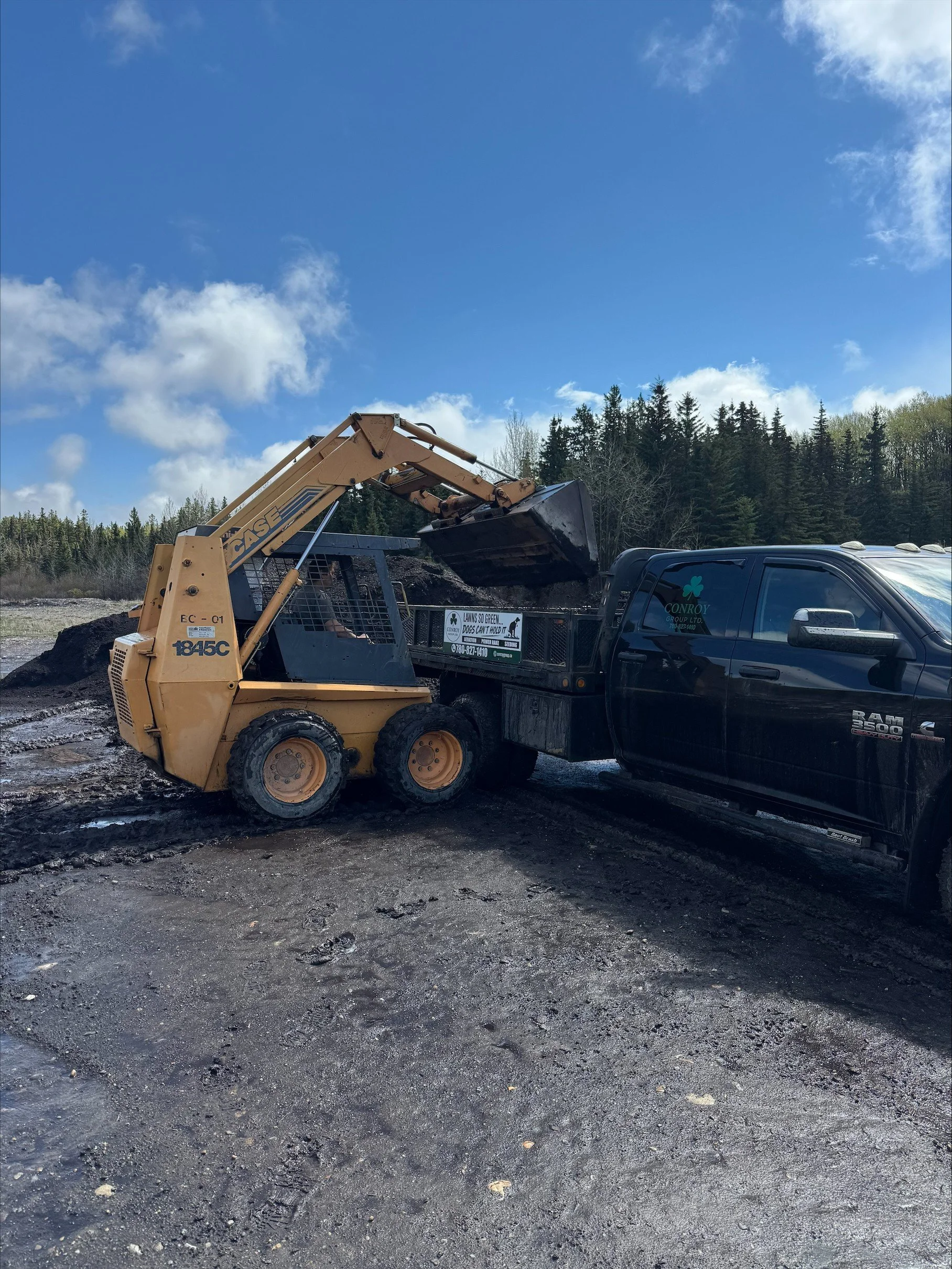 A construction site with a yellow skid-steer loader scooping dirt next to a black pickup truck with a sign on the side, with a background of trees and a blue sky with clouds.