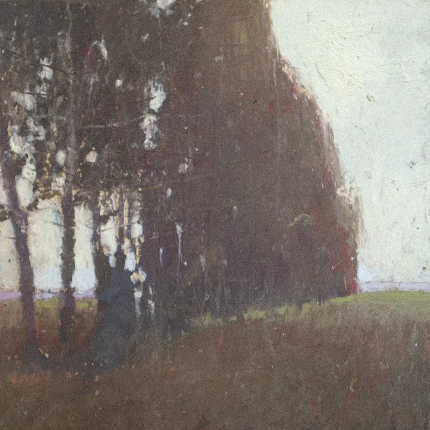 A painting of a tree with cherry blossoms on a dark background, with a white section on the right side.