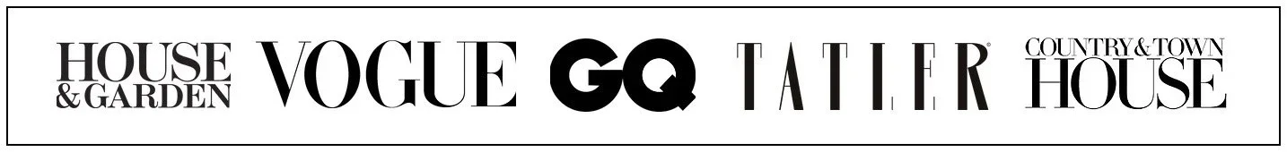 Black and white magazine logos for House & Garden, Vogue, GQ, Tattler, and Country & Town House.