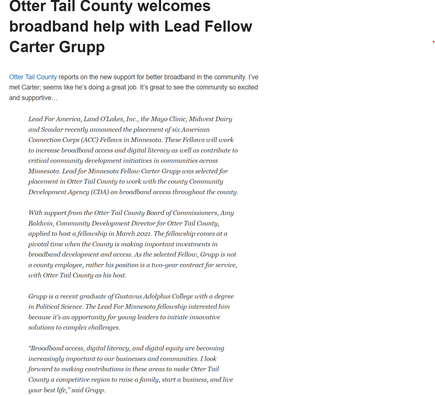 Blandin Article on Otter Tail County Fellowship