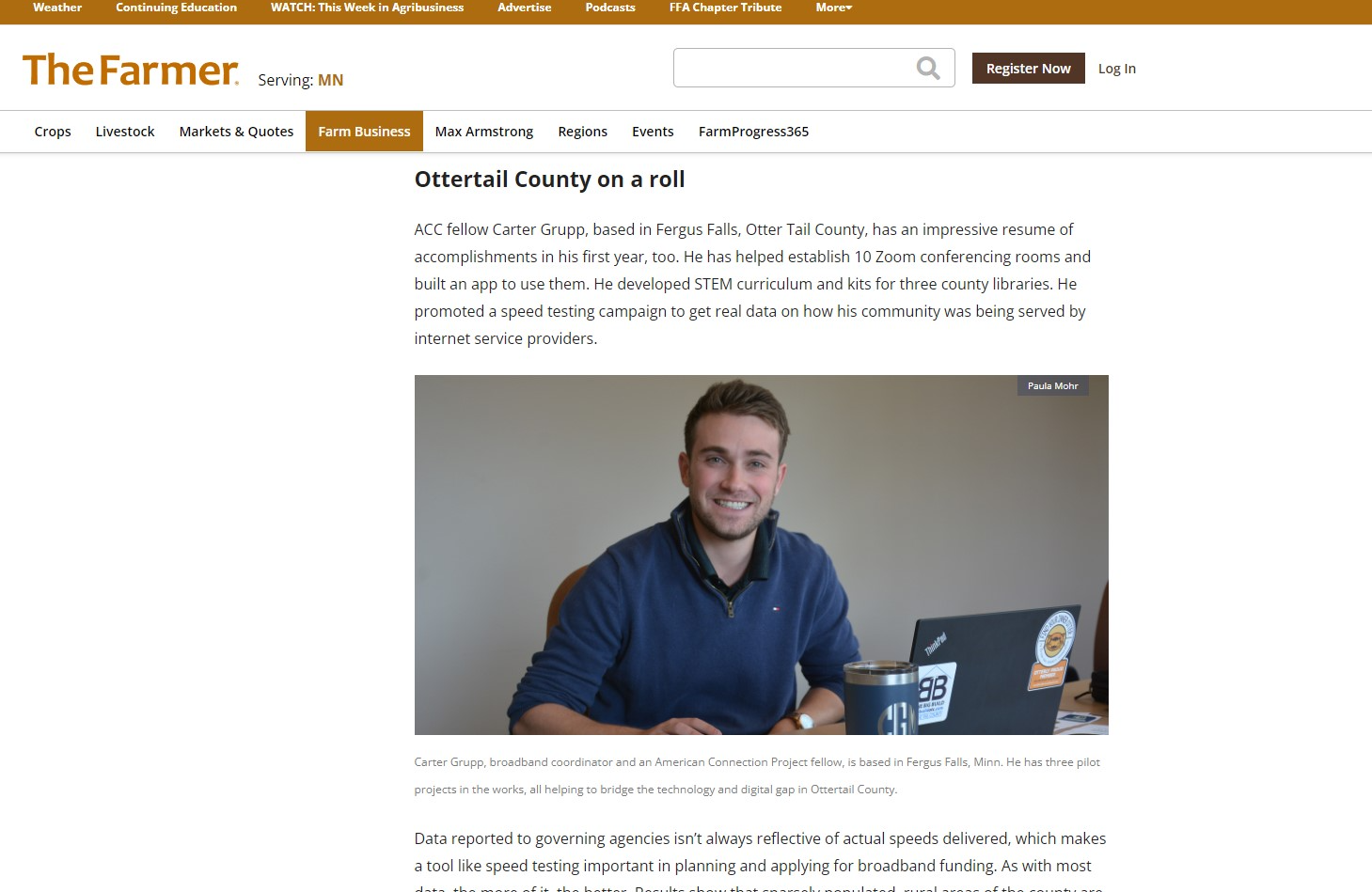 The farmer magazine piece with 14K monthly reads 2022 Carter Grupp