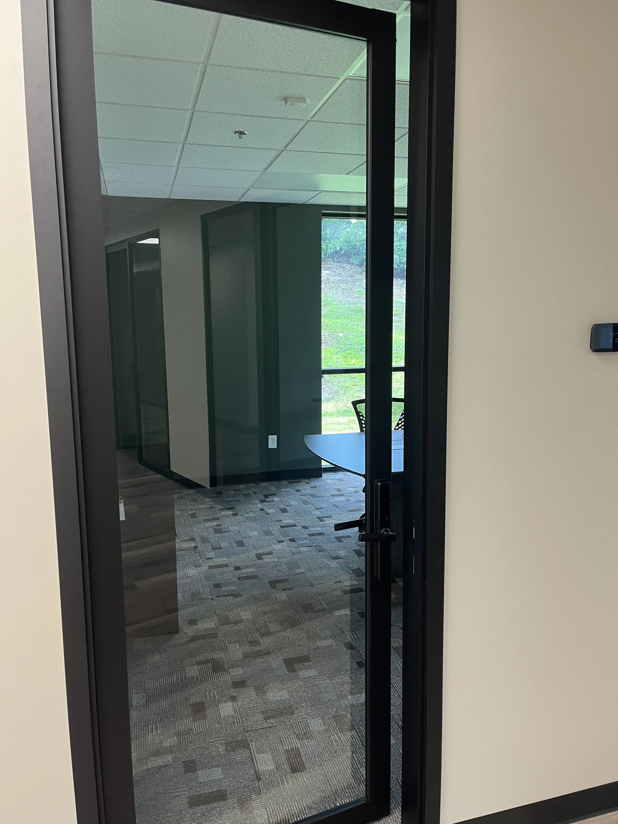 View through a glass door into a modern office room with a table and chairs, green partition walls, large window with outside greenery, and ceiling with light-colored tiles.