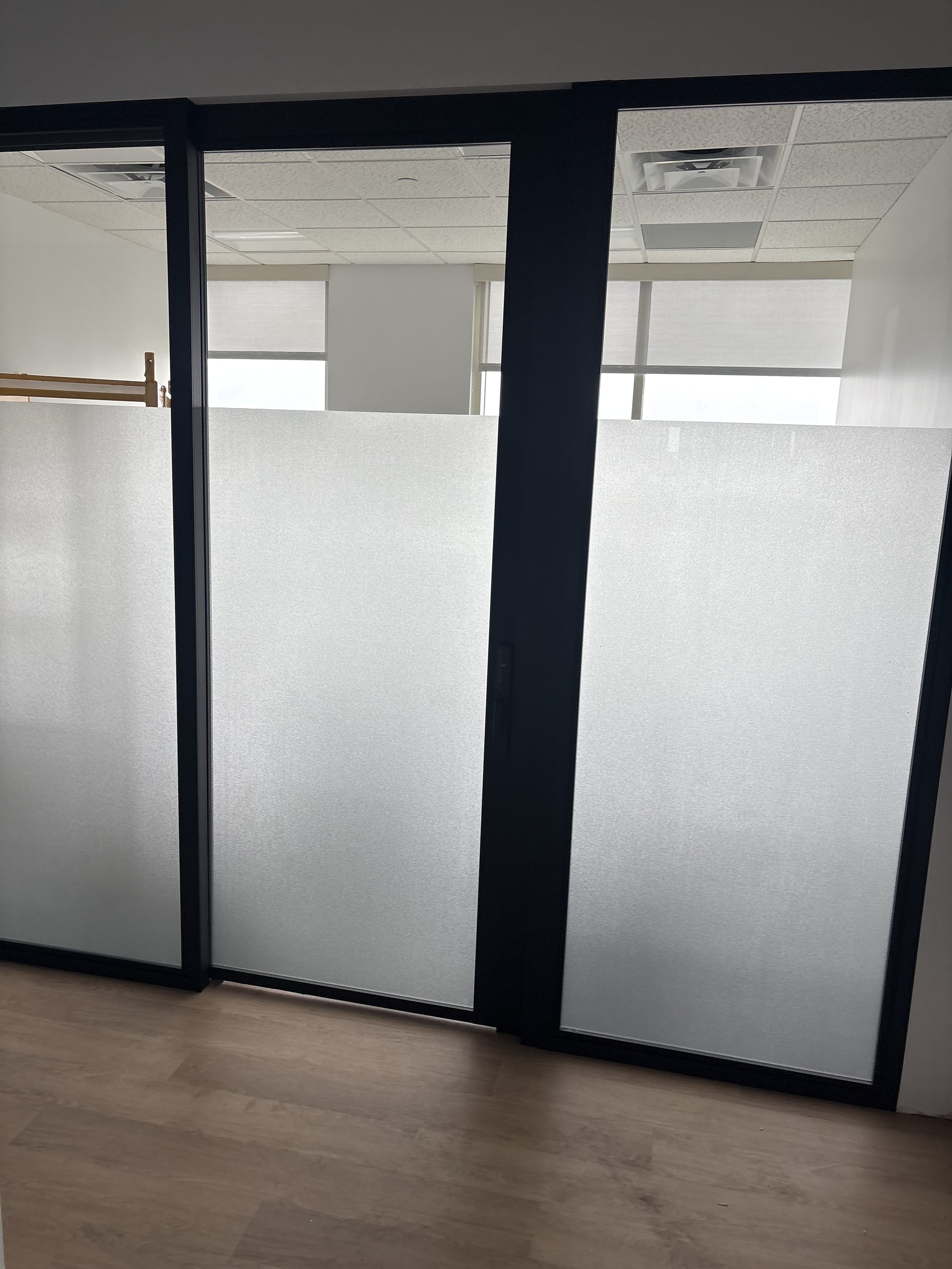 Frosted glass partition and door in an office with windows and ceiling tiles.