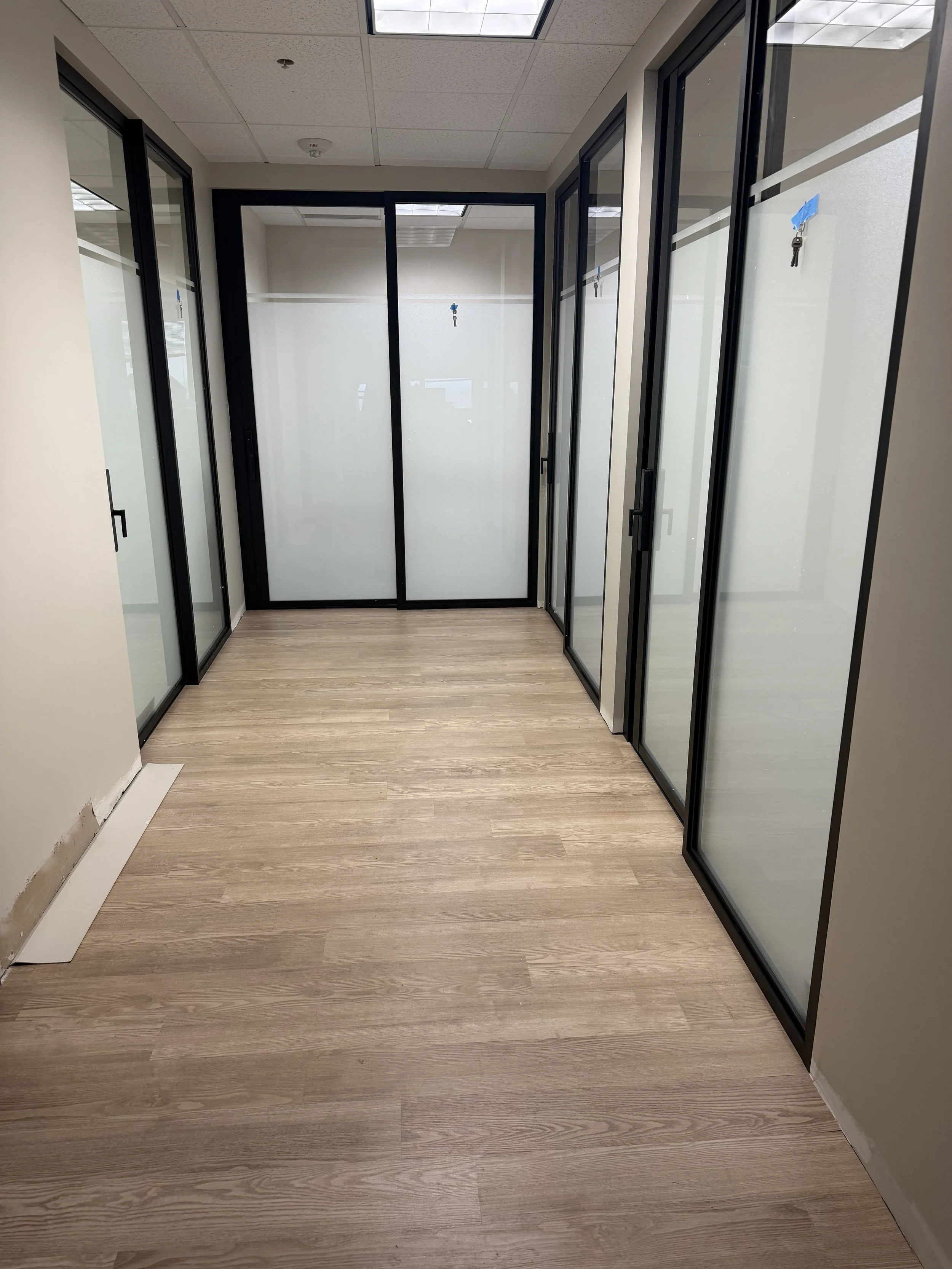 Empty office hallway with glass partition doors and wood-look vinyl flooring.