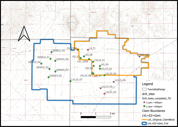 Map with outlined areas, green and red points, and legend explaining symbols, showing township ranges and drill sites.