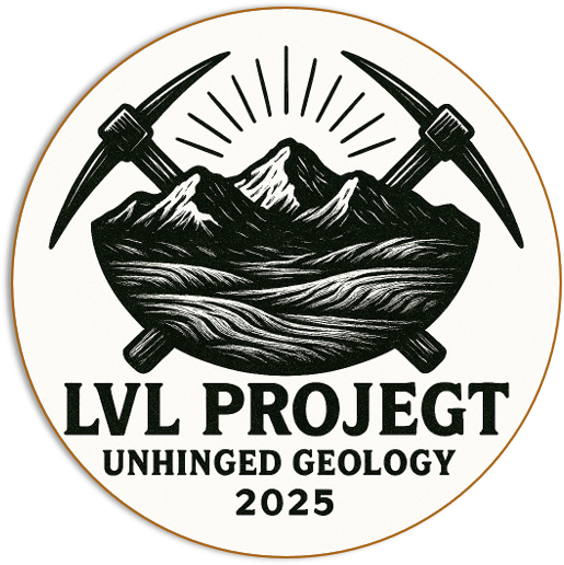 Logo featuring mountains, sun rays, and two crossed pickaxes, with text "LVL PROJECT UNHINGED GEOLOGY 2025".