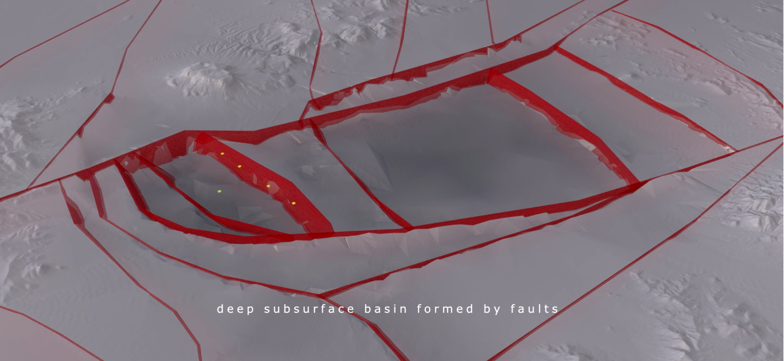 Satellite image shows a deep subsurface basin formed by faults, outlined in red, with icy terrain surrounding it.