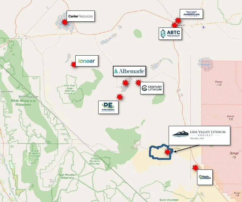 Map showing lithium mining projects and companies in Nevada, including Canter Resources, American Lithium, ABTC, Ioneer, Albemarle, Century Lithium, DE Pure Energy, Lida Valley Lithium Project, and Nevada Lithium, marked with red stars.