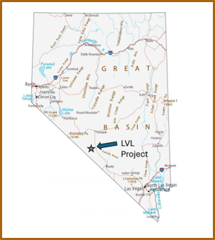 Map of the Great Basin region in Nevada showing the LVL Project location near Las Vegas, with various highways and cities marked.