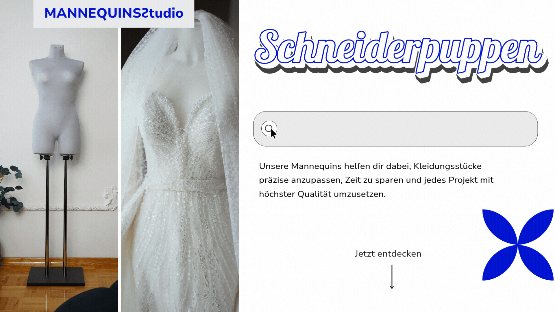 Screenshot einer Webseite für Schneiderpuppen mit Suchfunktion und Bildern von Schneiderpuppen, einer auf einem Ständer stehenden Schneiderpuppe und einer detaillierten Hochzeitsszene auf einer anderen Puppe.