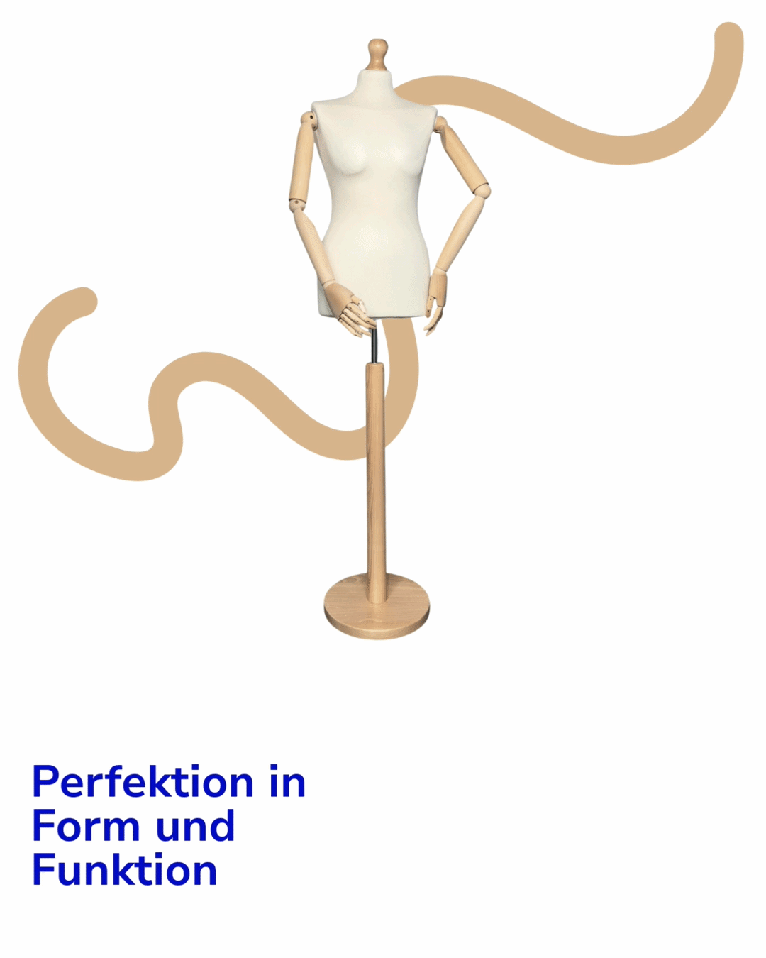 Leere Kleiderpuppe auf weißem Hintergrund mit einem Text, der 'Perfektion in Form und Funktion' lautet.