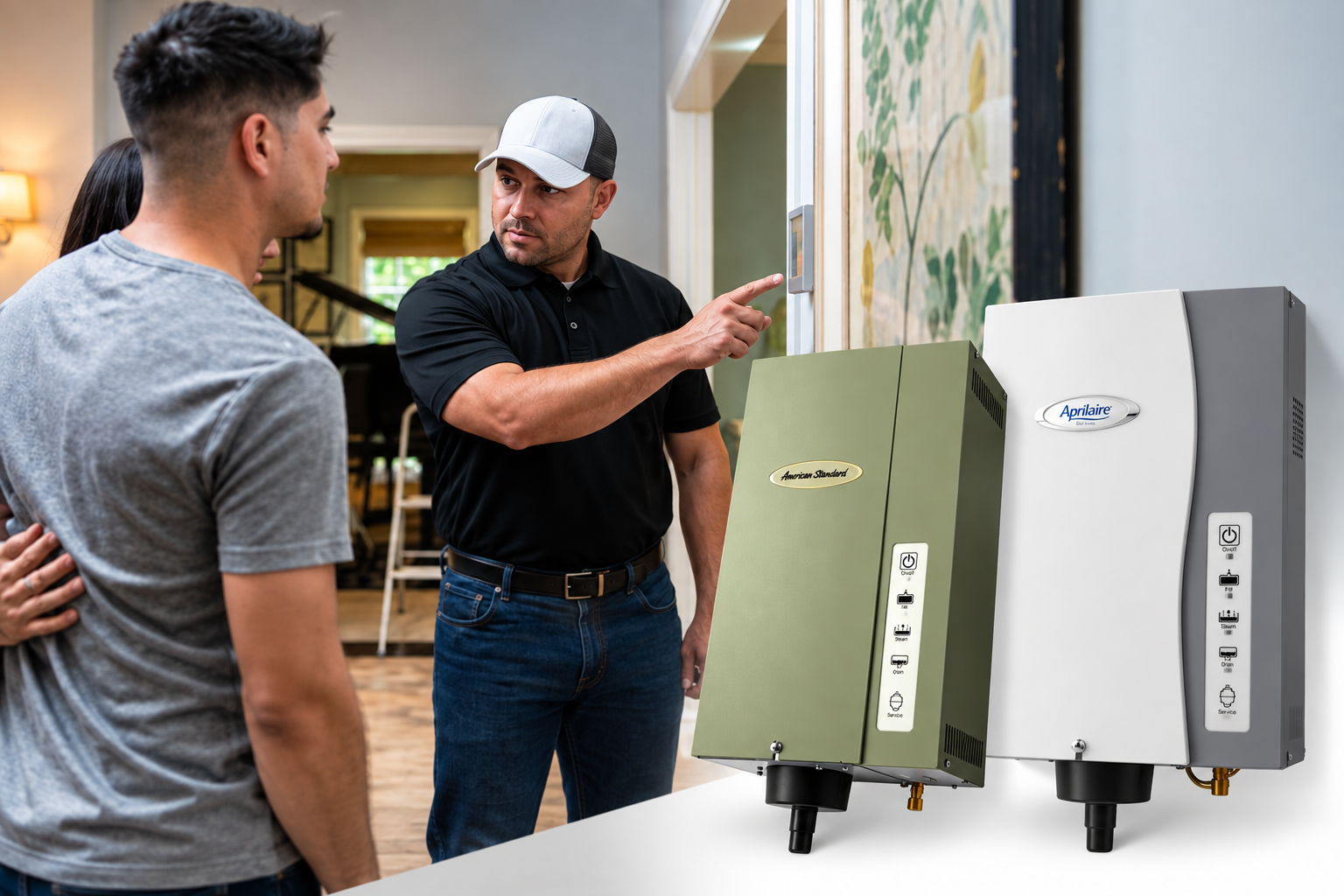 HVAC technician discussing whole-home humidity control with homeowners beside American Standard and Aprilaire humidifiers.