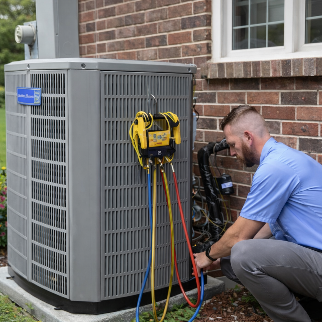 HVAC technician servicing an American Standard air conditioner with professional diagnostic equipment.