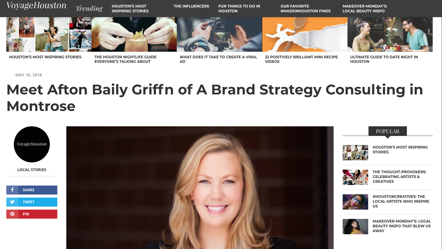 Latest Press: Voyage Houston Article featuring Afton Baily Griffin