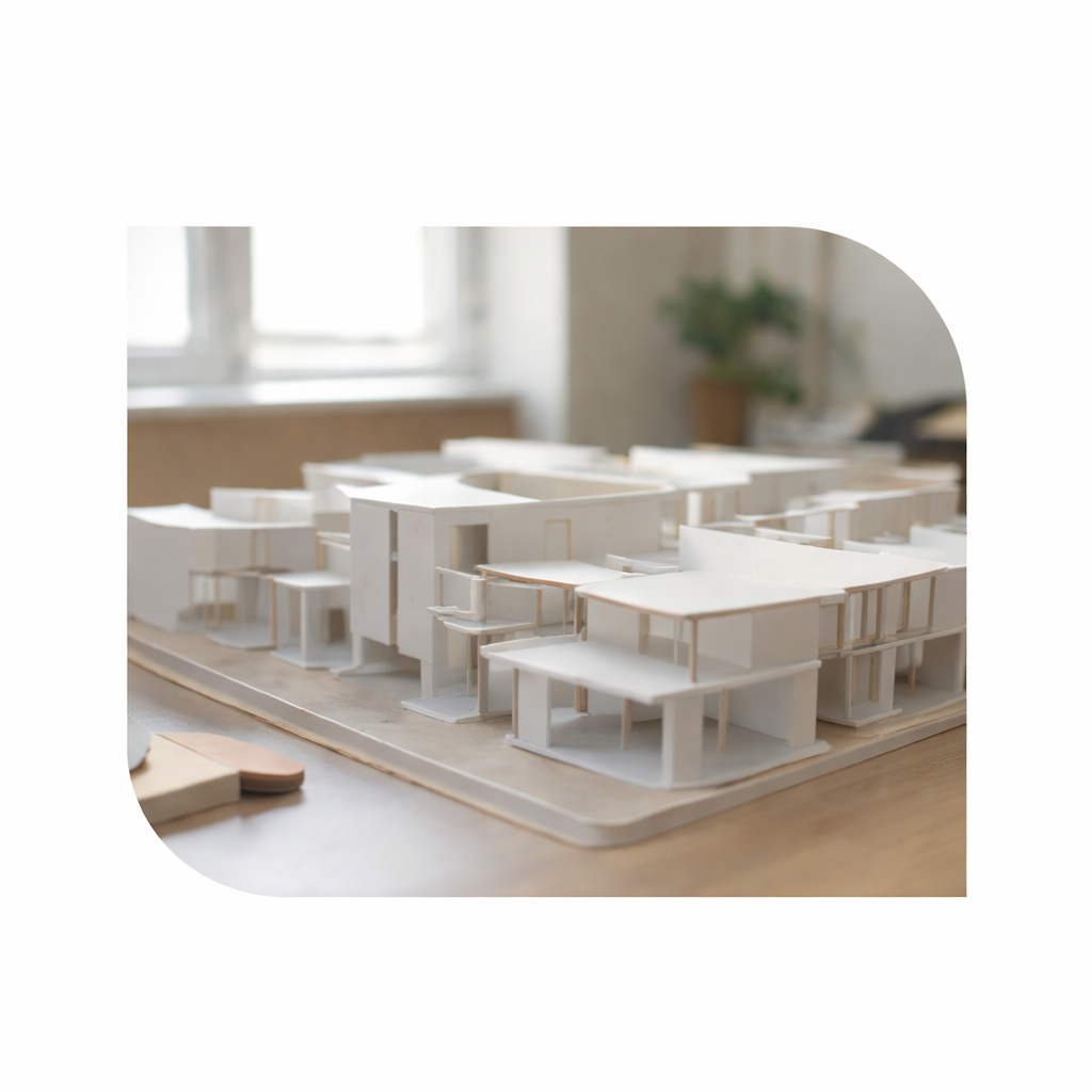 Architectural model of a modern building on a wooden table.