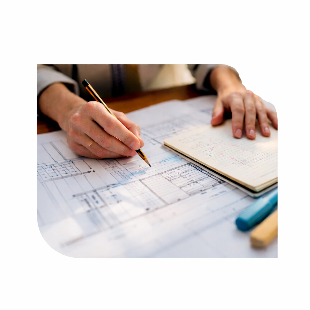 A person's hand drawing architectural plans on paper with a pen, with a notebook and colored pencils nearby.