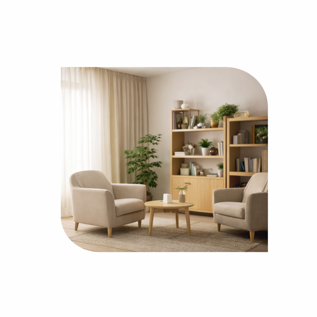 A cozy living room with two beige armchairs, a small round wooden coffee table, and a tall bookshelf filled with books and decor, with natural light and cream curtains.