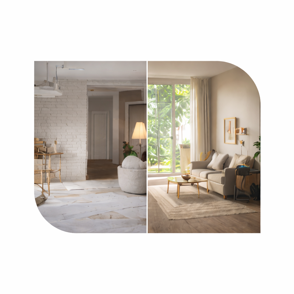 Comparison of two interior living rooms: left side with unfinished decor and light-colored floor, right side with finished cozy living room, sofa, and large window with curtains showing greenery outside.